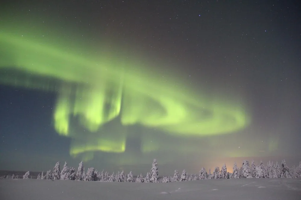 Northern lights over a snowy horizon