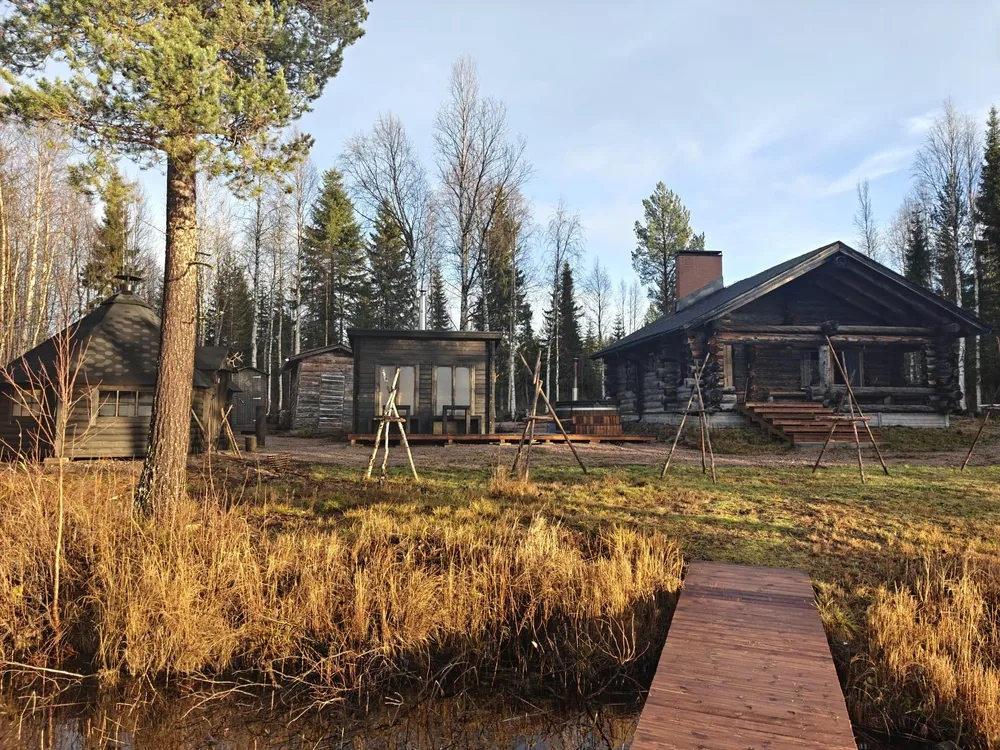 A timber sauna and hot tub beside a woodland boardwalk