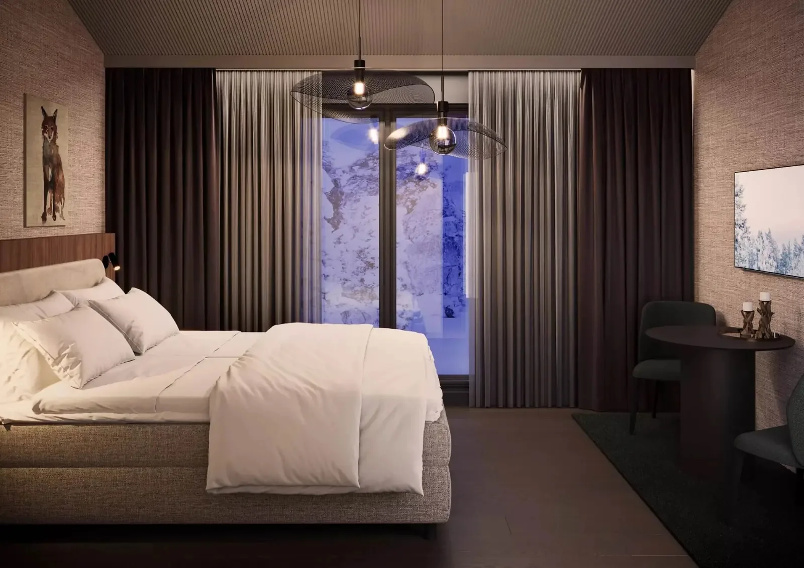 Kuru guest room at Kuura with pale linens and forest-toned accents