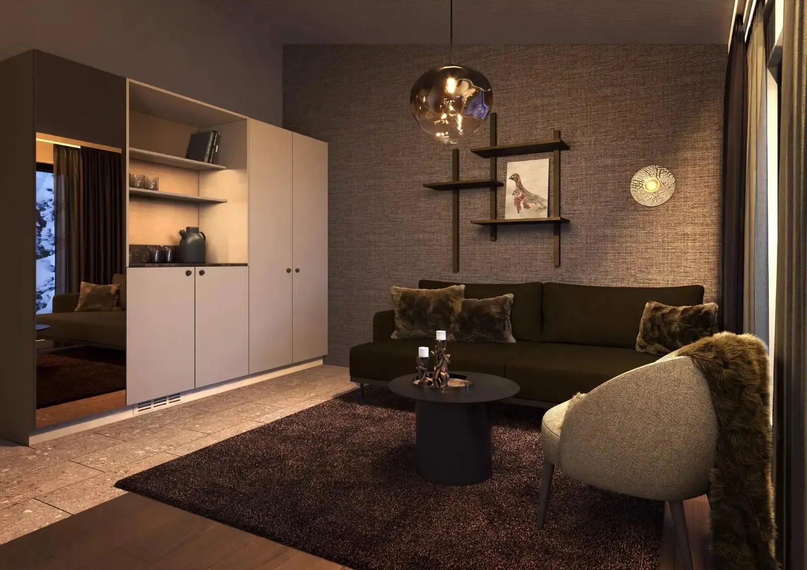 Rakka guest room at Kuura with a dark sitting area