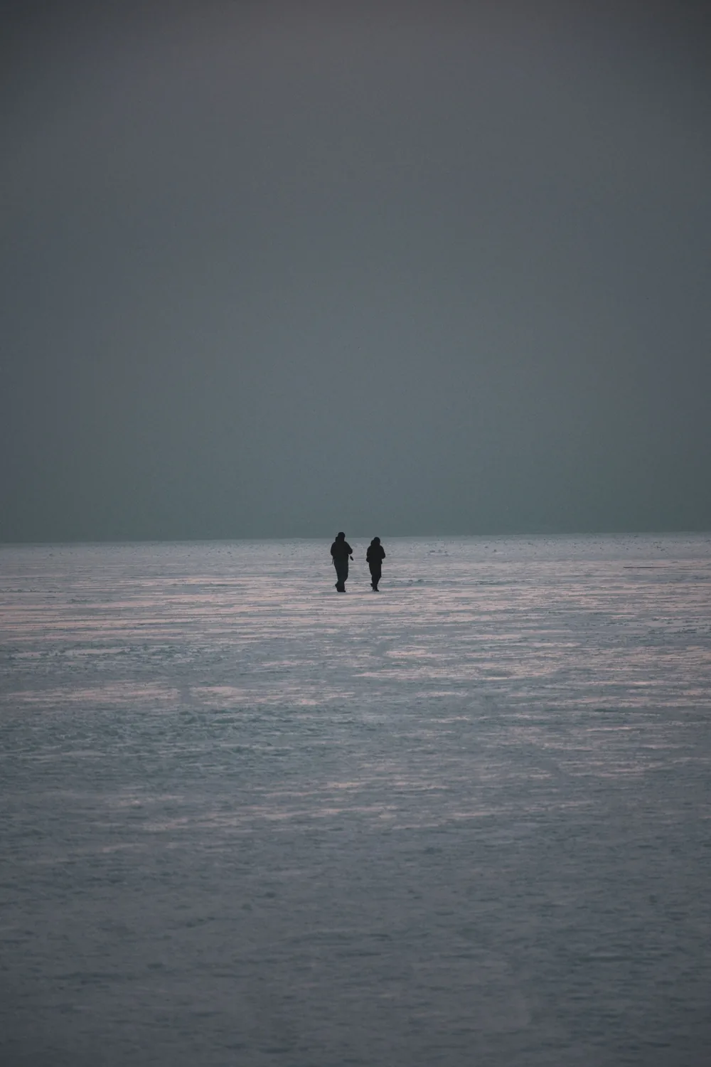 Two small hooded figures standing together on a frozen expanse beneath blue-grey fog