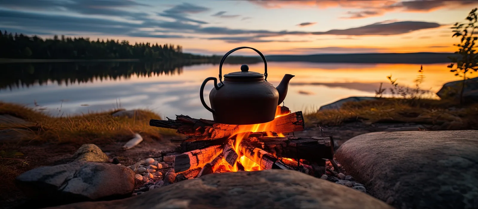 A black kettle beside a lakeshore fire at sunset