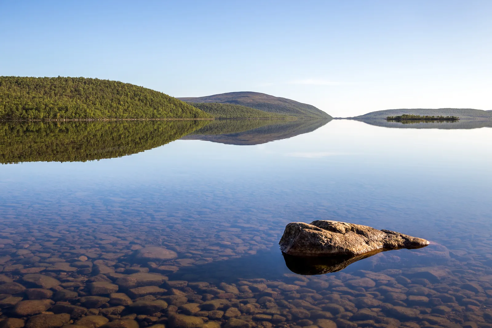 A still lake reflecting a pale summer sky and distant forest